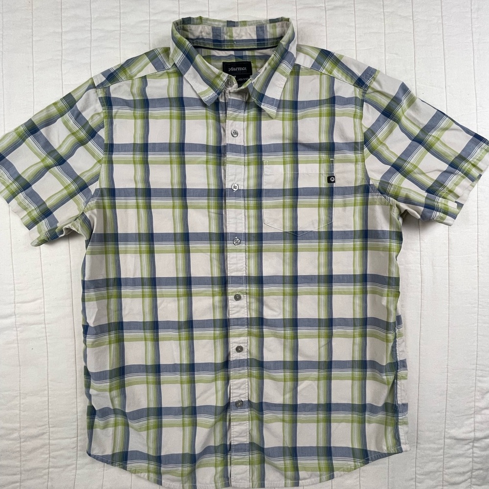 Marmot Men’s Short-Sleeve Plaid Button-Up Shirt in White, Blue & Green Large